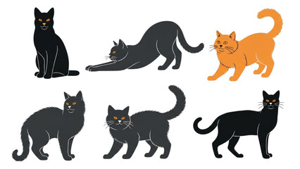 Collection of illustrated domestic cats in different poses, including black and ginger felines