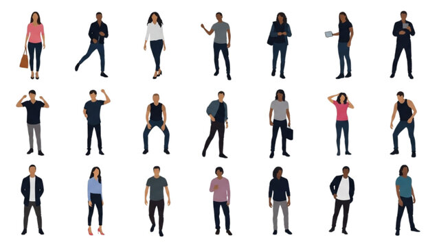Set of diverse vector illustrations of casual people standing in various poses