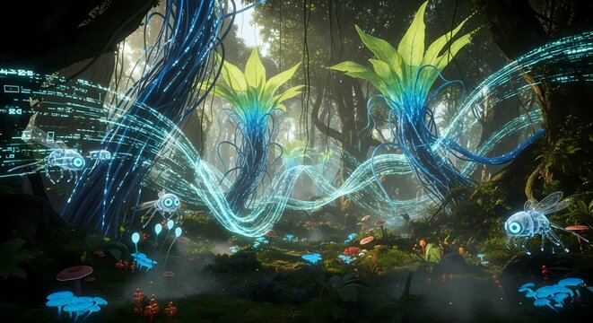 Futuristic forest landscape with glowing flora and digital data streams intertwined with nature