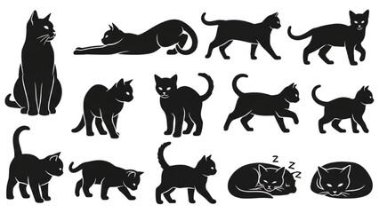 A versatile set of black cat silhouettes illustrating various feline poses and actions
