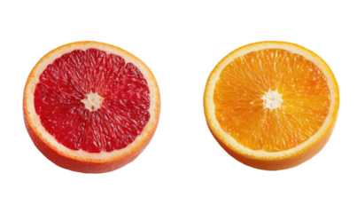 Two halved citrus fruits, a ruby red and a bright orange