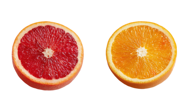 Two halved citrus fruits, a ruby red and a bright orange