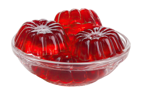 Ruby red gelatin molds glistening in a clear glass bowl