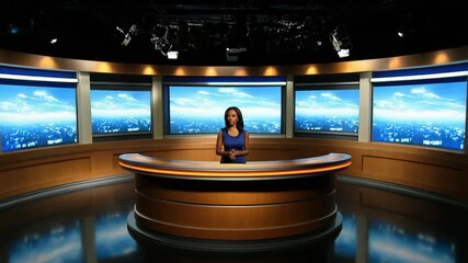 selective focus modern talk show studio with ambient lighting and stylish backdrop