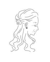 ロングヘアのきれいなシニア女性の横顔の線画