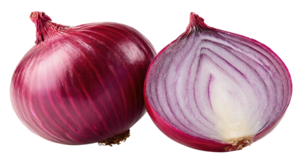 A whole red onion and one cut in half showing layers