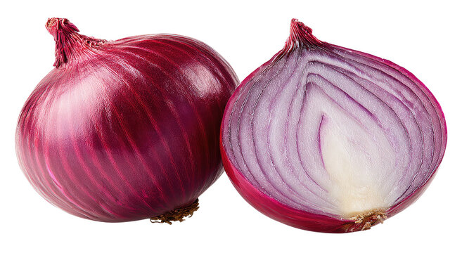 A whole red onion and one cut in half showing layers