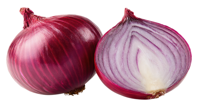 A whole red onion and one cut in half showing layers