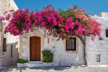 Fototapeta premium A quaint white building draped in vibrant pink flowers under a bright blue sky