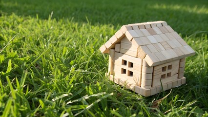 Adorable wooden toy house on vibrant green grass evokes feelings of homeownership and childhood dreams in the warm sunshine outdoors