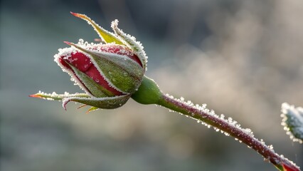 Delicate frosty rose bud glistening in the morning light, a symbol of winter's beauty and nature's resilience for seasonal designs and romantic themes
