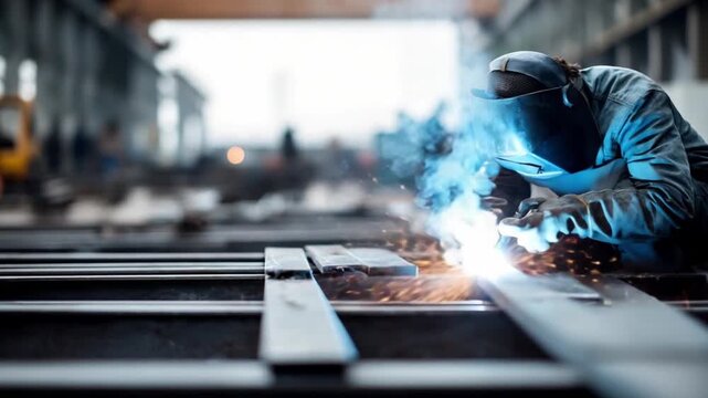 Workers in a manufacturing facility use welding techniques to join metal parts. Bright sparks fly as they carefully melt the materials to create strong bonds for construction projects