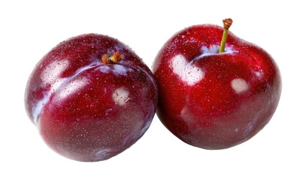 Two ripe, deep red plums with a light dusting of white bloom