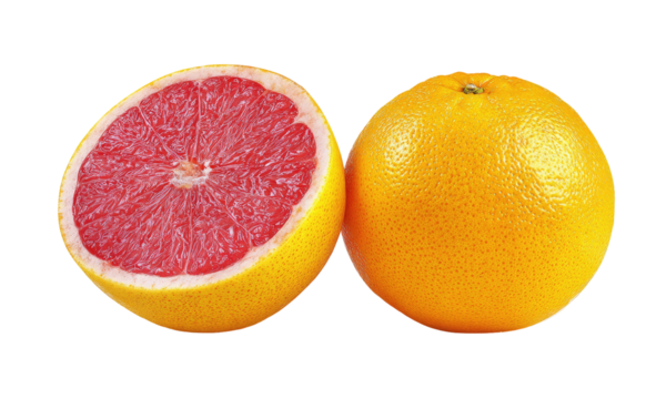 A whole grapefruit and a half of a red grapefruit
