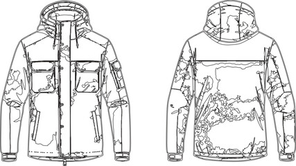  two line drawings of a jacket, showcasing its design from both the front and back perspectives. Here’s a detailed breakdown of the elements: