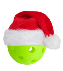 A bright green pickleball ball adorned with a classic Santa hat, symbolizing festive cheer and holiday decorations. Perfect for celebrating the Christmas season with unique and fun festive displays