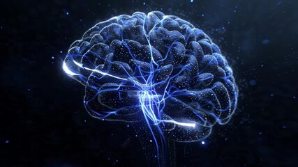 Futuristic hologram of a human brain with active neural pathways and synaptic connections on a dark background. - Powered by Adobe