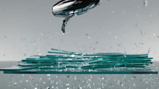 Shattered glass explodes into many shards, suspended mid-air against a soft backdrop