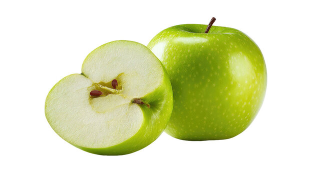 Two bright green apples, one whole, one halved, on black background - Powered by Adobe