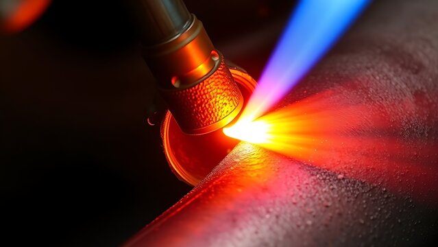 accuser. Extreme close-up of copper pipe joint with molten silver brazing. safety posters, maintenance manuals, designed for precision metalworking and fabrication facilities.