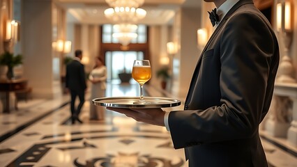 probity. Hotel server presenting welcome drink on silver tray in elegant lobby. bar promotions, beverage menus, designed for food & beverage menus and cafe branding, enhances appetite appeal.
