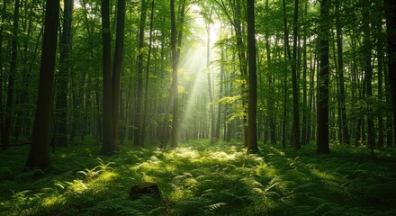 Fototapeta premium Dense temperate forest landscape with bright sunlight filtering through the canopy, illuminating the lush green undergrowth below ,woodland ,moss ,pine