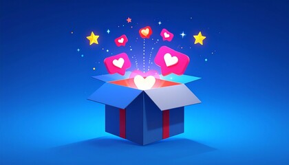 An open gift box overflows with glowing hearts, stars, and like icons, representing digital appreciation, social media engagement, and a rewarding online experience
