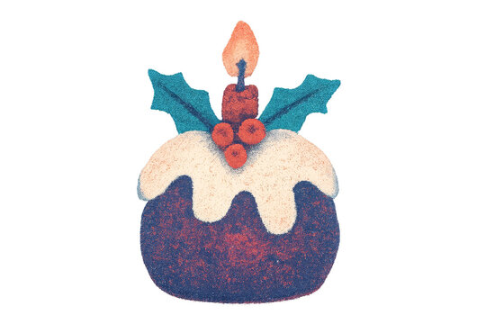 A traditional Christmas pudding with white icing, a sprig of holly, and a lit candle on top, depicted in a charming, textured, stippled illustration style