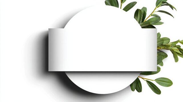 Minimalist round label with green leaves on a white background.