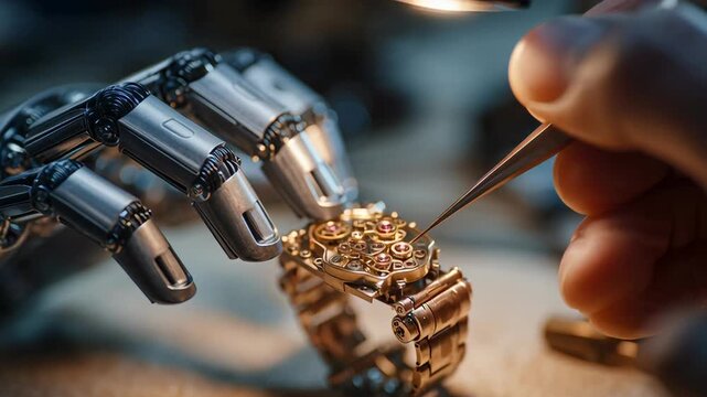 Human and robotic hands meticulously collaborate on intricate mechanical gears, showcasing advanced precision, technological partnership, and future craftsmanship in a detailed assembly setting