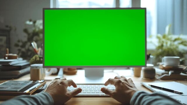 Businessperson types keyboard; LCD monitor shows editable colours for signs. Advertise metropolitan conference seminar announcement. Colleague collaboration, isolate