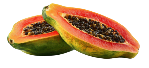 Two halves of a ripe papaya fruit with black seeds and vibrant orange flesh