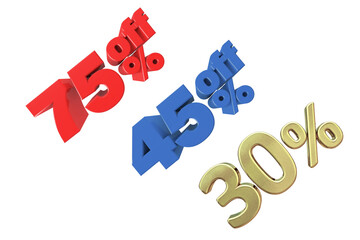 Colorful 3D render showcasing promotional discounts with seventyfive percent off in red fortyfive percent off in blue and thirty percent off in gold against a black backdrop on transparent background