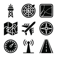 Bold Solid Black Aviation, Navigation & Travel Icon Set