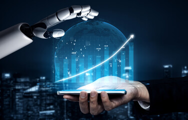An innovative scene showcasing a robotic hand reaching for a globe with dynamic data visualization, representing growth and technology in a modern urban setting. Impute