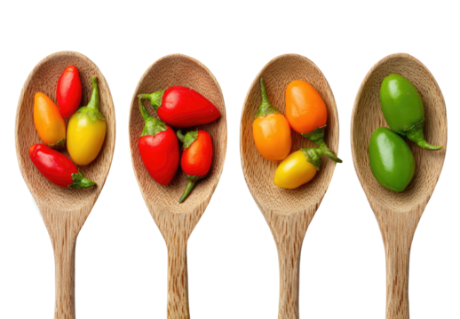 Four wooden spoons hold colorful chili peppers against black