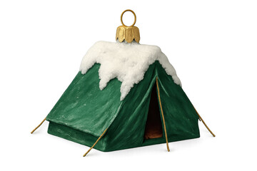 A green camping tent Christmas tree ornament covered in fluffy white snow with a golden cap and loop for hanging, representing an adventurous holiday spirit and winter travel