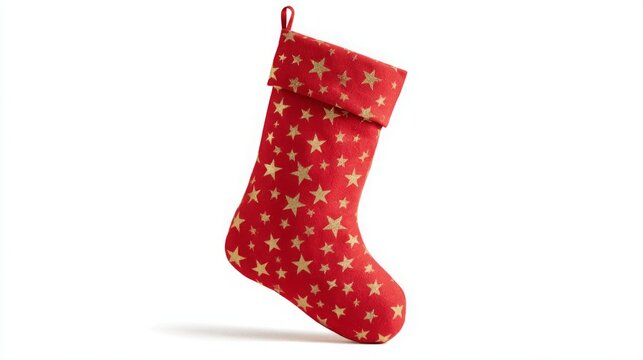Festive red Christmas stocking adorned with golden stars against a white background.