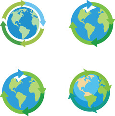 Four Earth globes with circular green arrow recycling symbols on white background