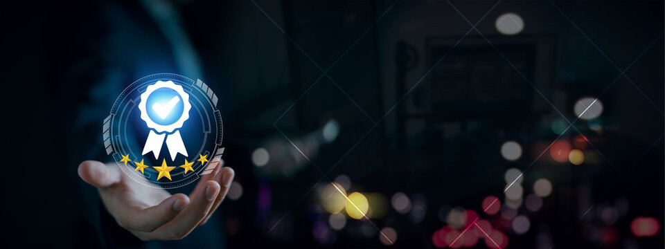 Quality Assurance Concept. Business people show high quality assurance mark, good service, premium, five stars, premium service assurance, excellence service, high quality, business excellence.