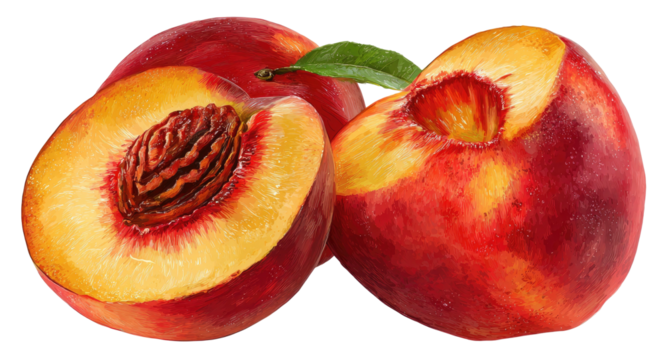 Ripe, juicy peaches with vibrant colors, one halved to show seed