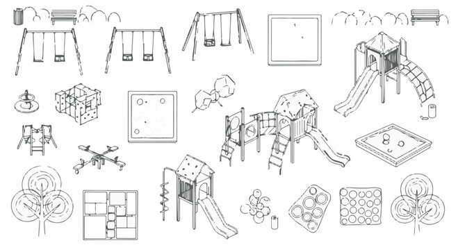 Black and white line art vector set of playground equipment and outdoor park design elements isolated PNG with Transparent Background