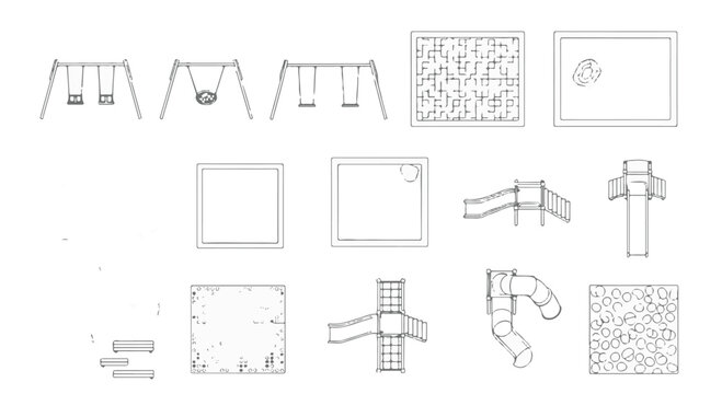 Vector outline set of playground equipment symbols for architectural floor plans and maps. isolated PNG with Transparent Background