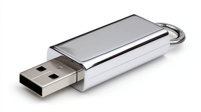 Close-up of a sleek silver USB flash drive with a metallic finish and a key ring attachment.