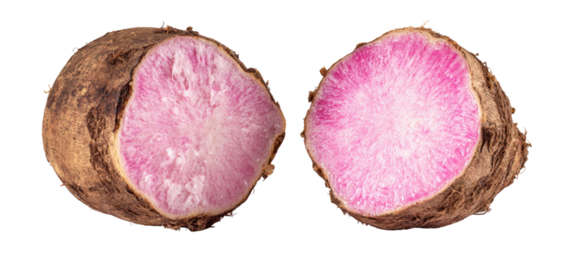 A whole purple yam cut in half, revealing bright pink flesh and fibrous texture