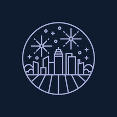 minimalist night city fireworks line art icon badge logo vector illustration design