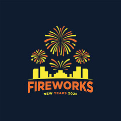 minimalist night city fireworks silhouette icon logo vector illustration design