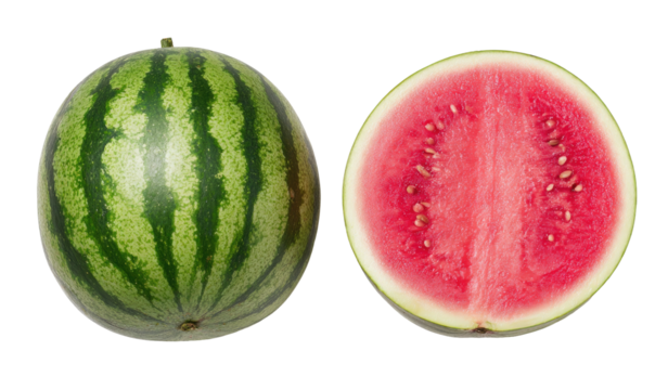 A whole watermelon next to a cut half revealing juicy pink flesh