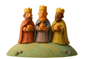 Handmade clay figures of the Three Kings wearing golden crowns and long robes hold precious gifts in a traditional Christmas nativity scene with a charming, artisanal aesthetic