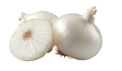 White onions, one halved, showcasing layered flesh and papery skin